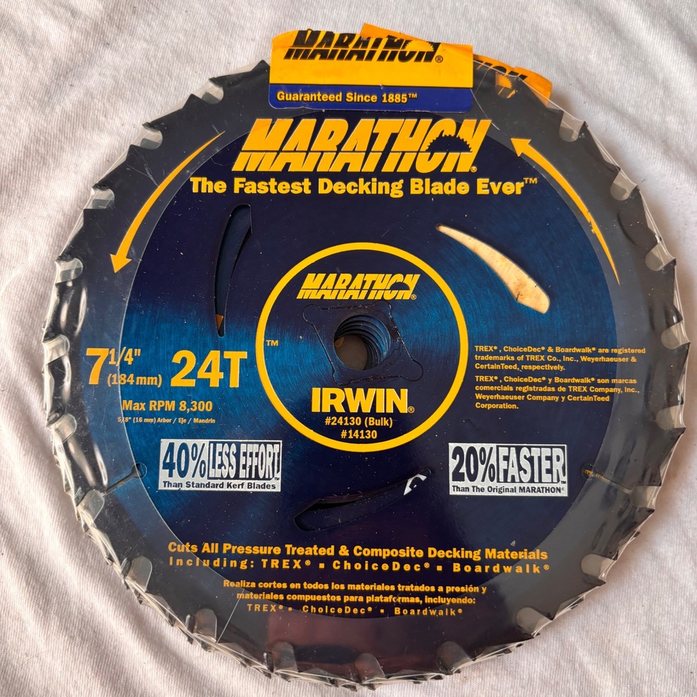 Lot of 3 Irwin Marathon 7-1/4 24T Composite Decking Circular Saw Blades 14130